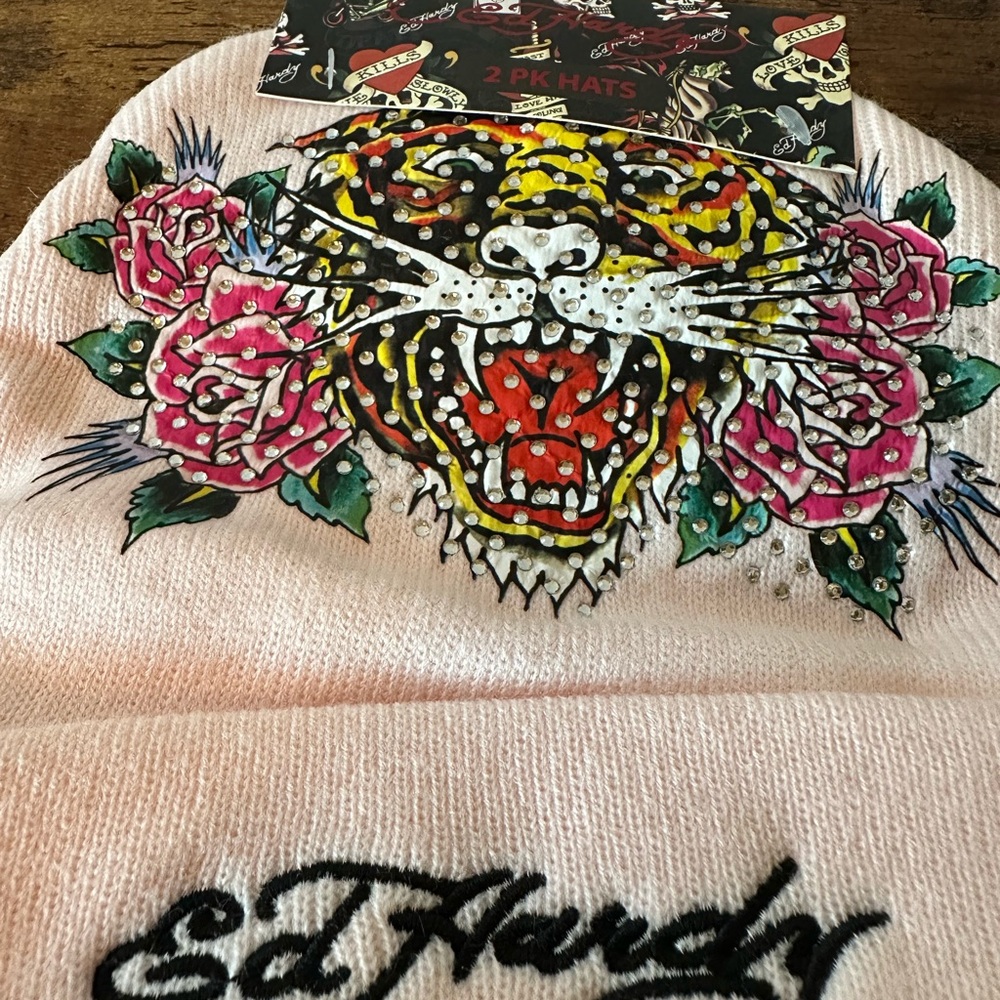 Ed Hardy Pink and Gray Beanie Set with Tiger and Floral Design Rhinestone NWT - Picture 5 of 6